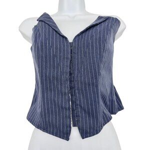 Express Womens Collared Waistcoat Small Pinstriped Corset Blue Hook V-Neck